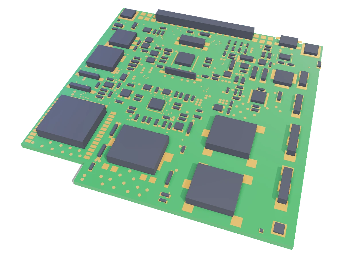 Hauksbee's own 3D view of the Olimex ESP32-EVB rev D, built from its KiCad file: a nearly square board in dark green with a stepped notch cut out of one corner, seen from a raised three-quarter angle, with the ESP32-WROOM module, the Ethernet jack and the two relays standing as the tallest blocks, a 40-way expansion header as the long bar along the far edge, and two rows of gold header pads running along the notched edge.